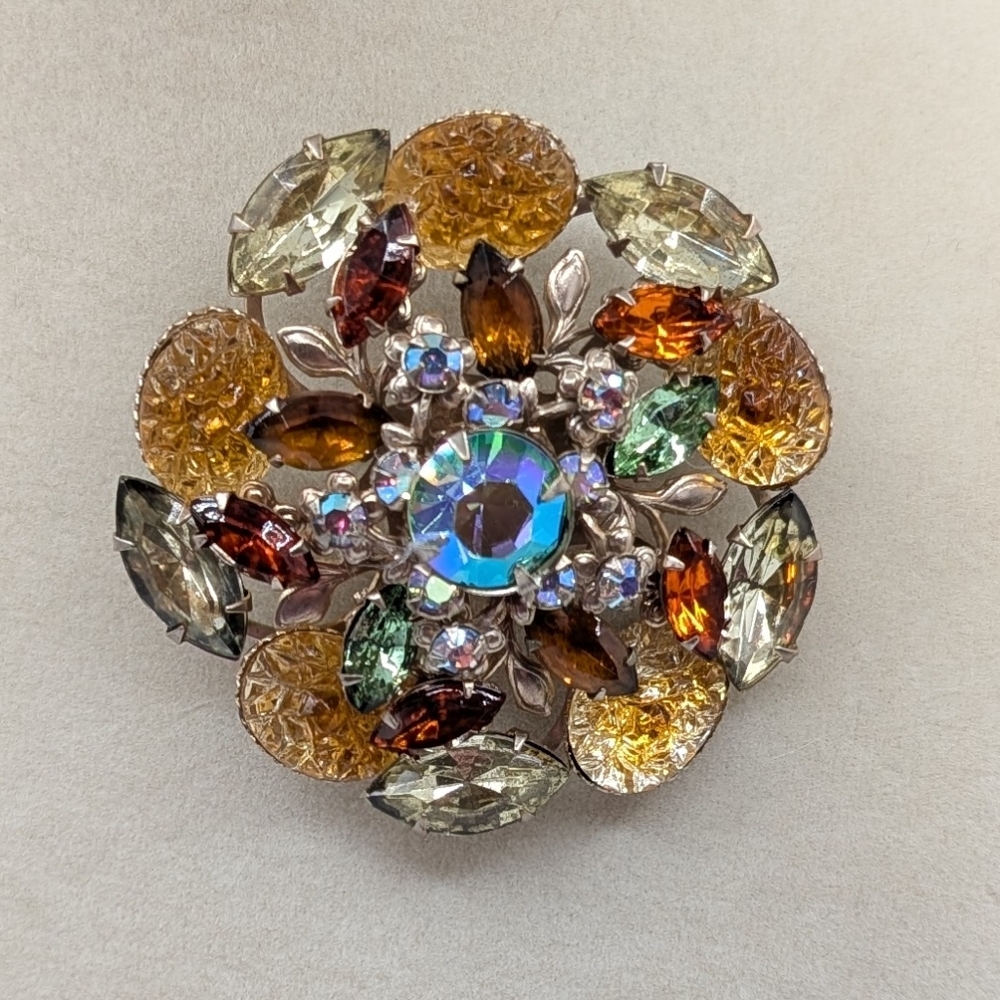 Vintage Molded Glass Multicolored Rhinestone Layered Brooch